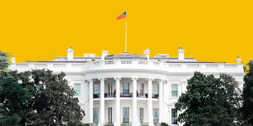 Image of the White House with an american flag flying above it.